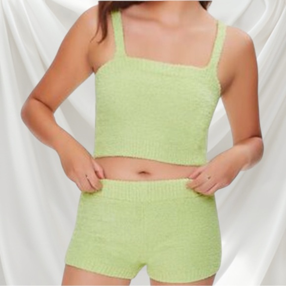 Fuzzy Knit Cardigan Sweater, Crop Tank & Shorts Lounge Set - LARGE - Mint Green - Picture 4 of 6